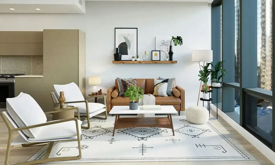 Sofá de cuero, sillas blancas y alfombra geométrica crean un ambiente moderno. Estilos de decoración que combinan confort y diseño.