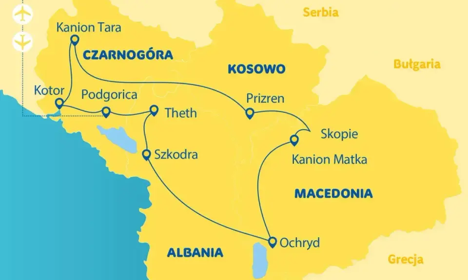 Mapa pokazuje trasę podróży przez Czarnogórę, Kosowo, Macedonię i Albanię. Gdzie jest Albania? Na mapie widać ją na południu, obok Macedonii i Grecji.