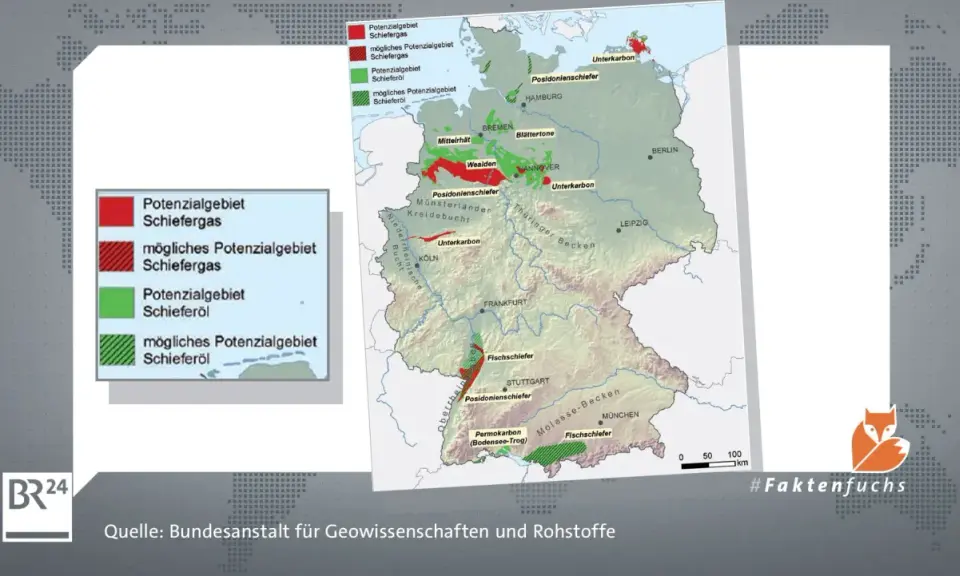 Karte zeigt potenzielle Gebiete für den Abbau von Erdgas (Schiefergas) und Schieferöl in Deutschland.