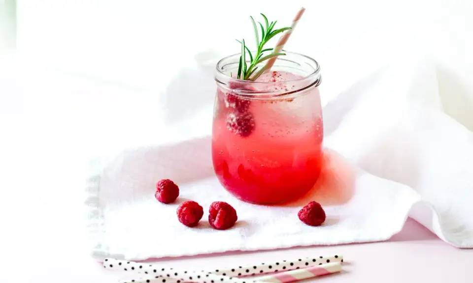 Erfrischender Gin Tonic mit Himbeeren, garniert mit Rosmarin. Ein süßer Genuss an einem warmen Tag.
