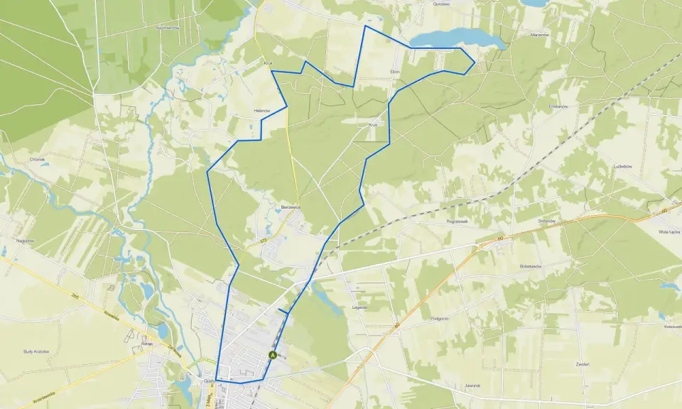 Mapa drogowa z zaznaczoną trasą wokół Gostynina. Widoczne są liczne drogi, pola, lasy i zbiorniki wodne.