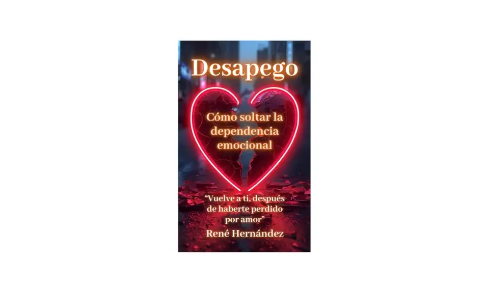 Portada de libro "Desapego: Cómo soltar la dependencia emocional". Un corazón roto iluminado por neón simboliza el camino hacia el desapego emocional.