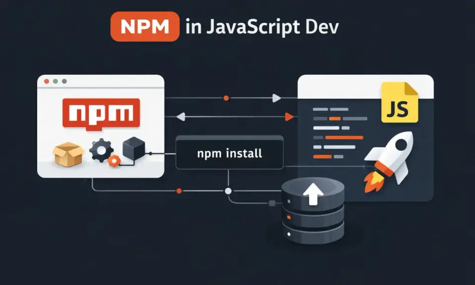 Diagram przedstawia proces instalacji pakietów w JavaScript, gdzie npm save dev pozwala na dodawanie zależności.