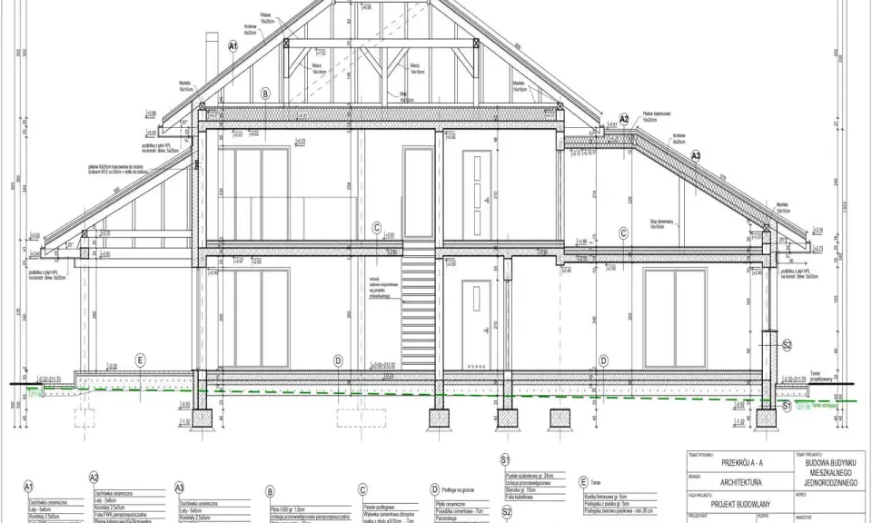 Przekrój budynku mieszkalnego jednorodzinnego. Projekt budowlany zawiera detale konstrukcyjne, materiały i wymiary.