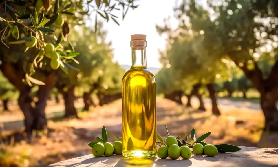 Aceite de oliva virgen extra en una botella, rodeado de aceitunas frescas y un olivar al atardecer. Pregúntate: ¿cuánto aceite da un olivo?