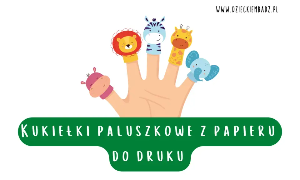 Zabawne kukiełki paluszkowe z papieru do druku: lew, zebra, żyrafa, słoń i hipopotam na dłoni.