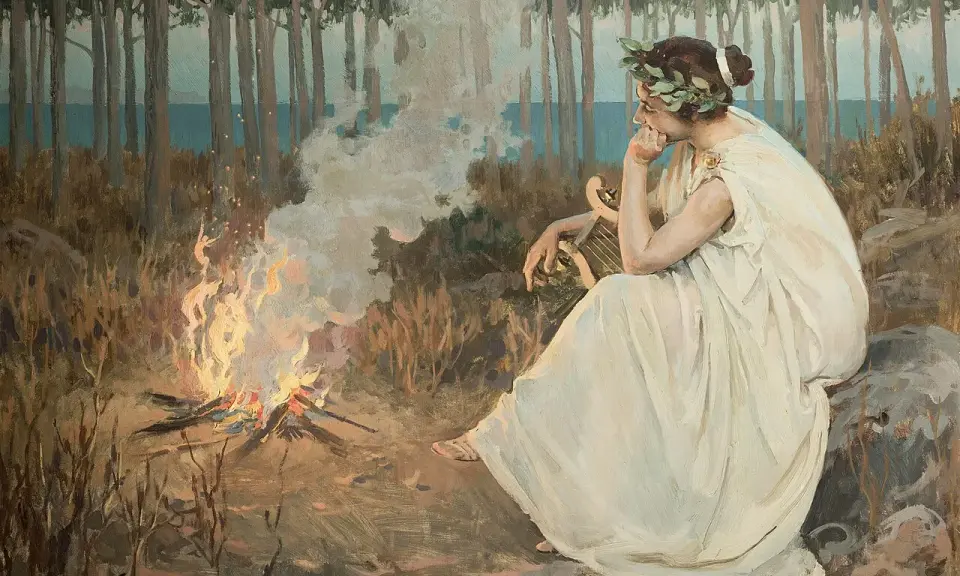 Una donna con corona d'alloro e lira medita accanto a un fuoco, evocando il tema dell'ultimo canto di Saffo parafrasi.