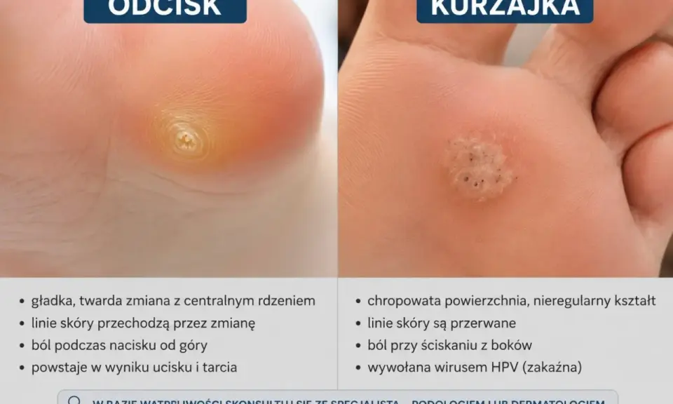 Porównanie kurzajki i odcisku na stopie. Kurzajka jest chropowata i wywołana wirusem HPV, a odcisk gładki i powstaje od ucisku.