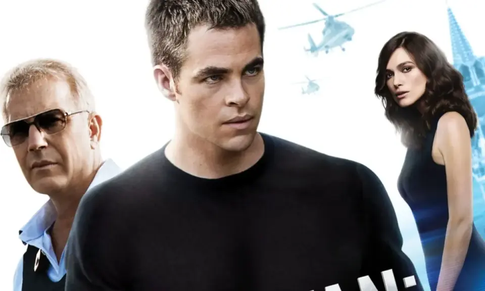 Chris Pine, Kevin Costner e Keira Knightley in un poster promozionale. Un'immagine che evoca l'ordine cronologico dei jack ryan libri, con elicotteri e un'architettura sullo sfondo.