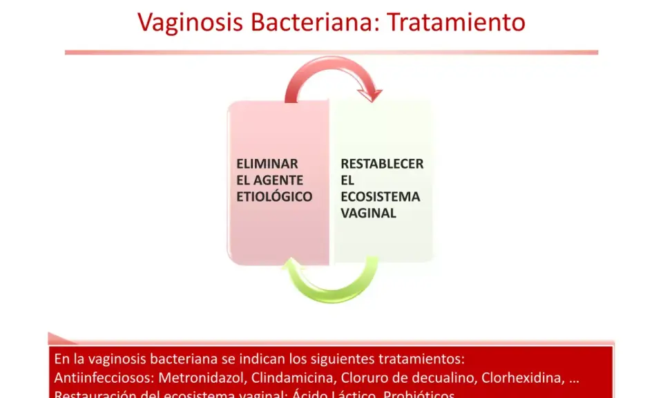 Diagrama del tratamiento de la vaginosis bacteriana: eliminar el agente etiológico y restablecer el ecosistema vaginal. Incluye antiinfecciosos y restauración.