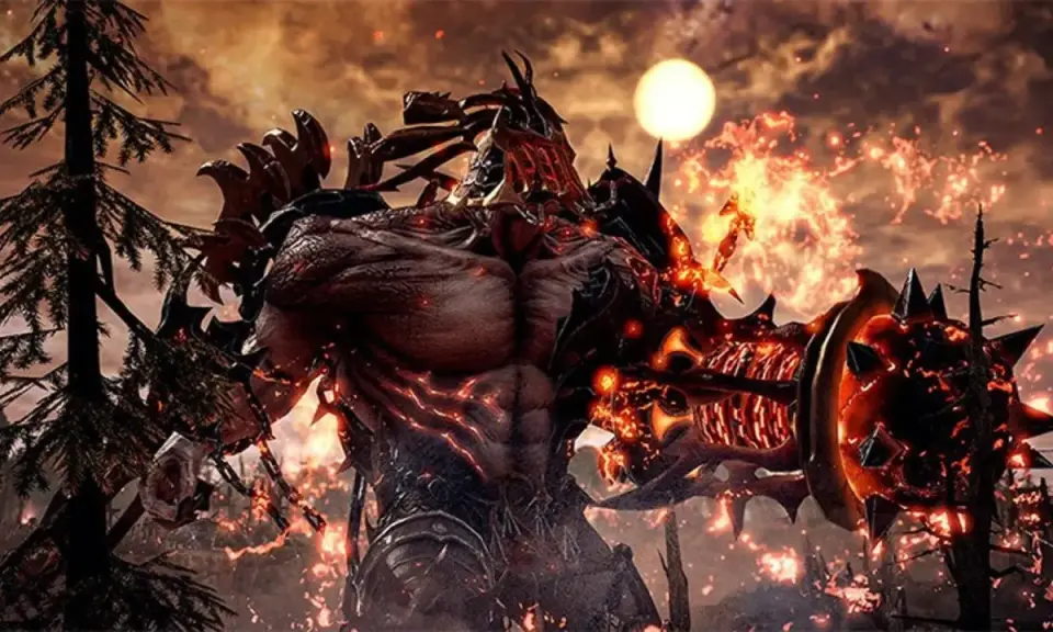 Un demonio de fuego con armadura oscura y un sol naranja en el cielo. ¡Perfecto para tus juegos gratis Steam!