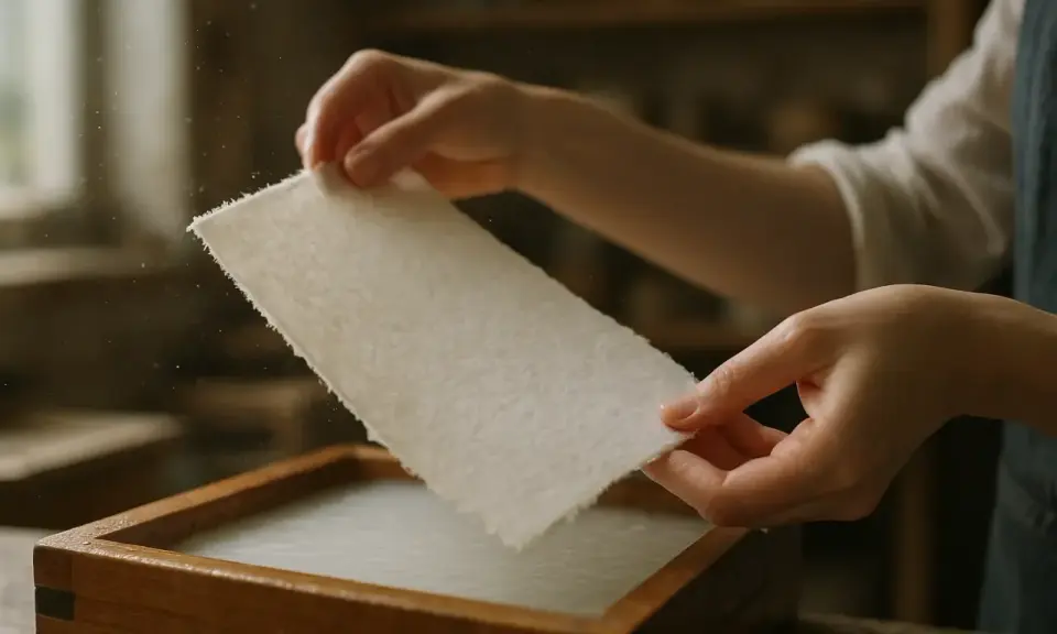 Ręce wyjmują świeżo zrobiony papier z drewnianej formy. Proces tworzenia papieru krok po kroku.