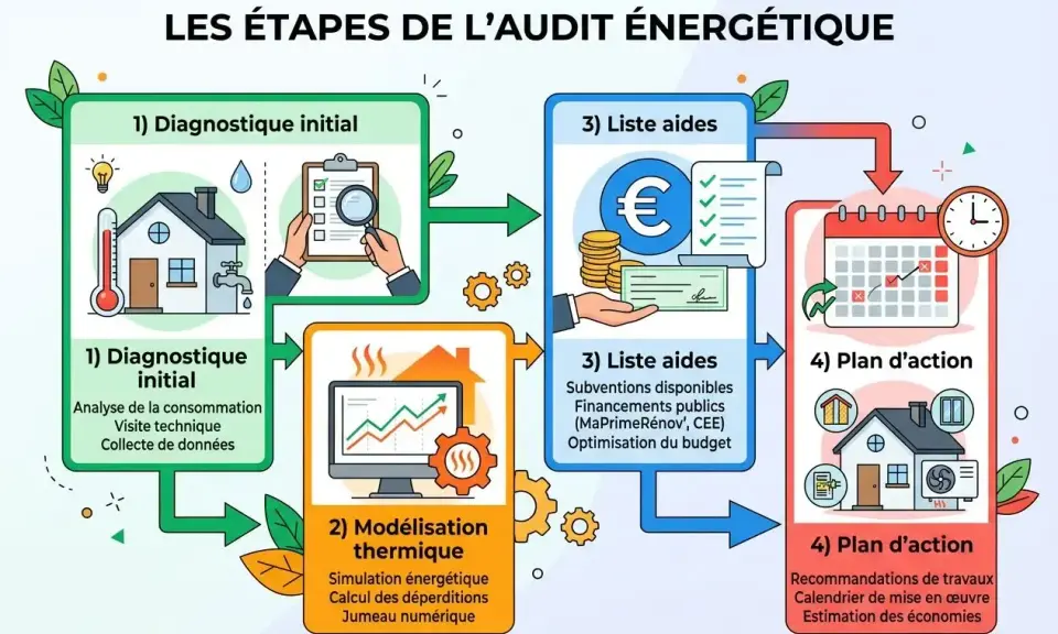Les étapes de l'audit énergétique obligatoire copropriété : diagnostic, modélisation, aides financières et plan d'action pour optimiser votre budget.