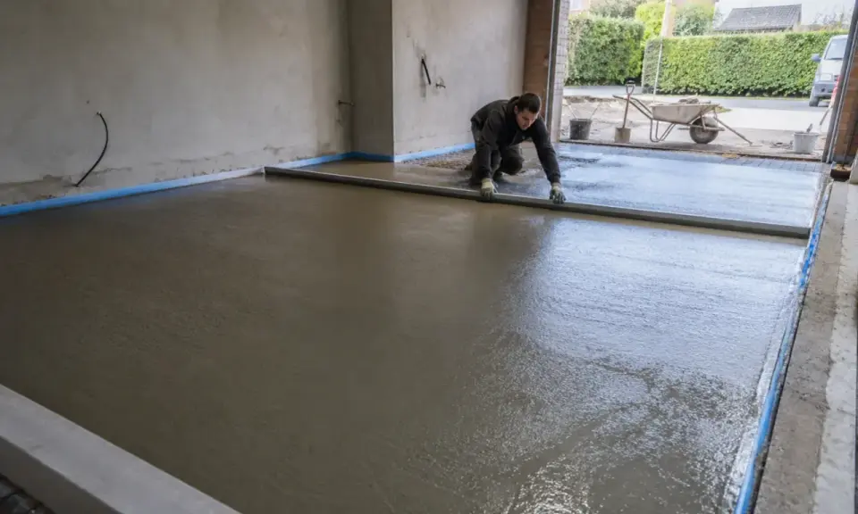 Pracownik wyrównuje świeży beton, tworząc połączenie posadzki garażu z podjazdem.