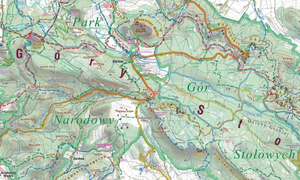 Gdzie są Góry Stołowe? Mapa turystyczna pokazuje szlaki, punkty widokowe i atrakcje Parku Narodowego Gór Stołowych.