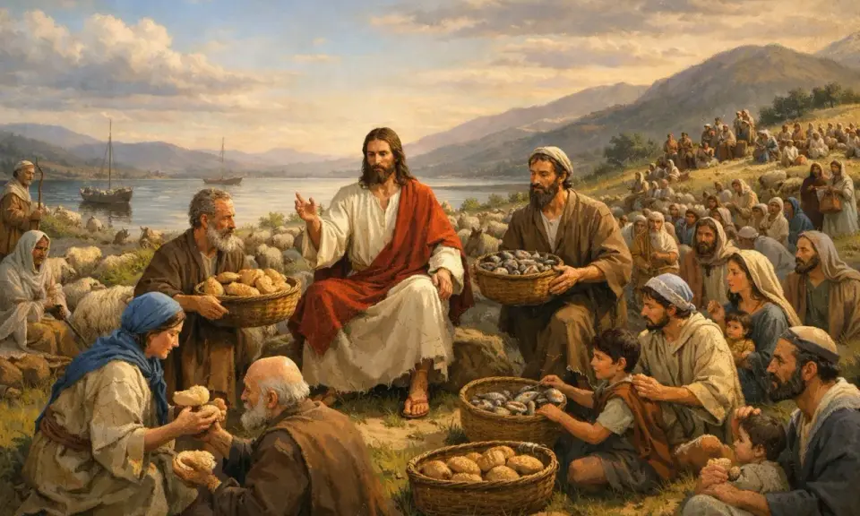 Jezus dokonuje rozmnożenia chleba i ryb dla tłumu. Ludzie siedzą na wzgórzu, a przed nimi kosze pełne jedzenia.