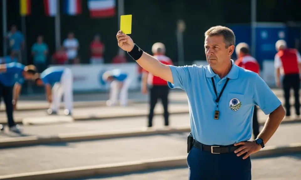 Arbitre de pétanque brandit un carton jaune, rappelant les nouvelles règles. Des joueurs se penchent sur le terrain.