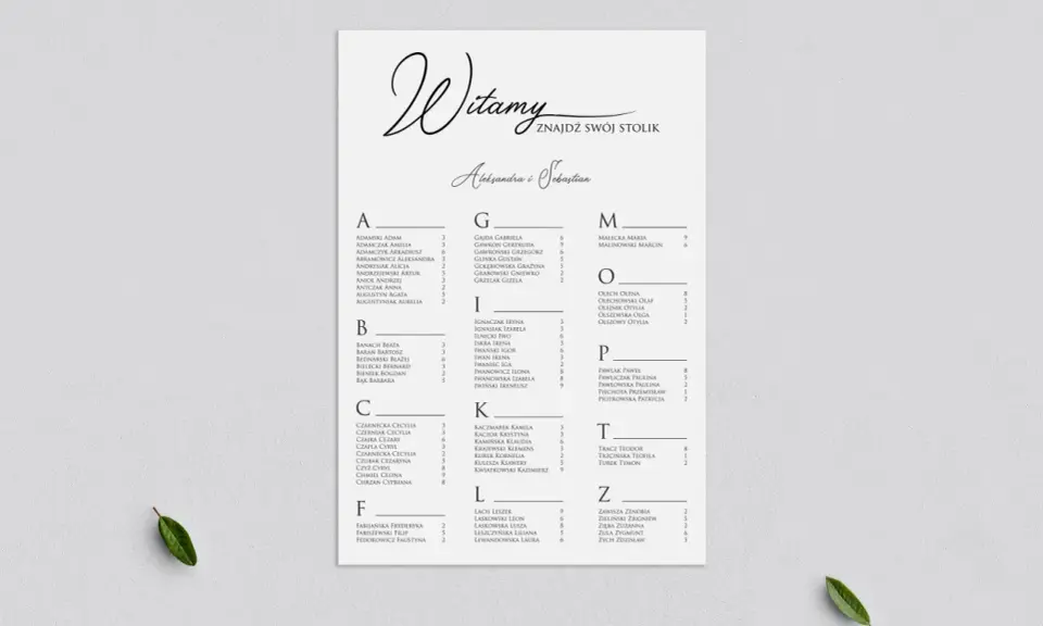 Lista gości weselnych z podziałem na stoliki. Znajdź swoje miejsce przy stoliku A, B, C, F, G, I, K, L, M, O, P, T lub Z.