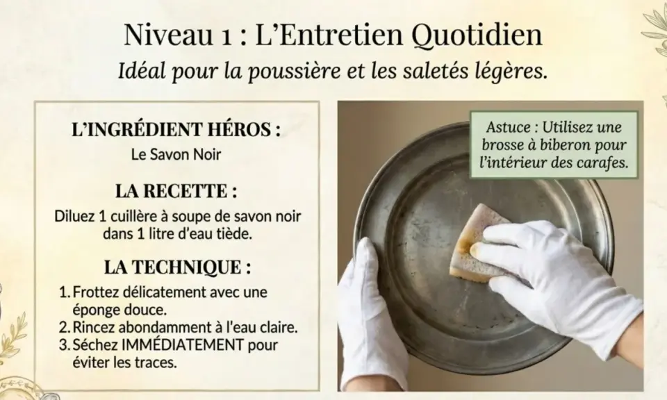 Main tenant une éponge pour faire briller de l'étain, avec des instructions pour nettoyer.