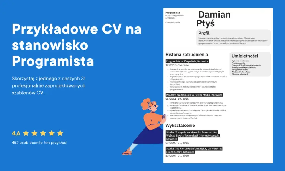 Przykładowe CV na stanowisko Programista. Damian Ptyś, innowacyjny programista, prezentuje swoje doświadczenie i umiejętności.