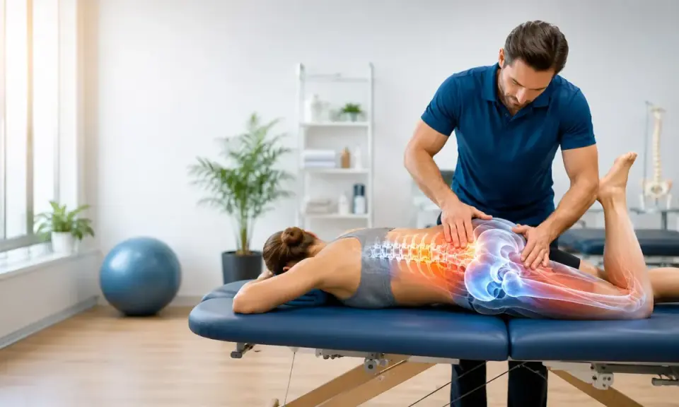 Fizjoterapeuta wykonuje terapię manualną kręgosłupa. Częstotliwość zabiegów zależy od stanu pacjenta.