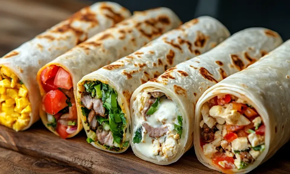 Fünf bunte Wraps mit verschiedenen Füllungen, die tolle Wraps Ideen für jeden Geschmack bieten.