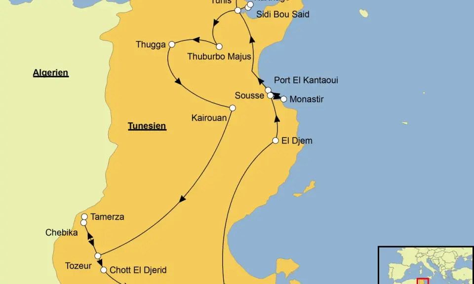 Karte von Tunesien mit Reiseroute. Karthago liegt nördlich von Tunis, nahe der Küste.