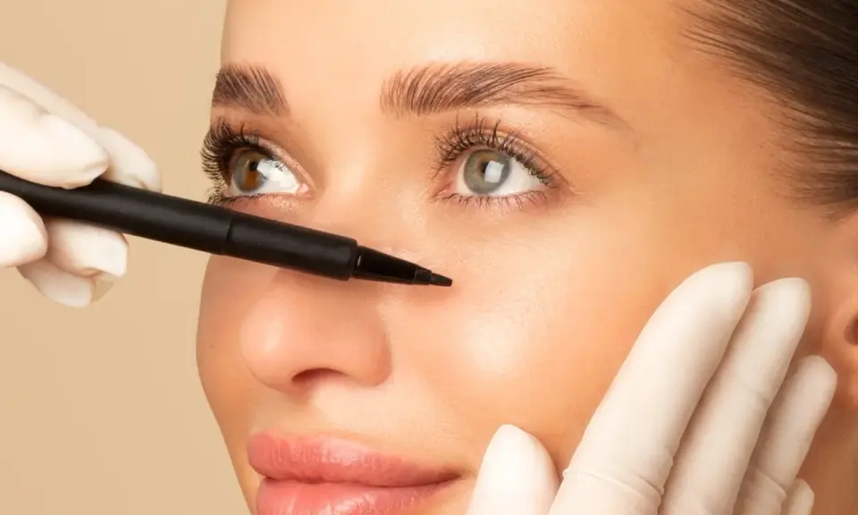 Une main gantée utilise un stylo pour marquer le visage d'une femme, préparant un brow lift pour un regard plus jeune et lifté.