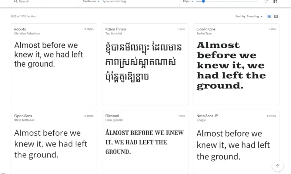 Explora tipografías Google Fonts. Muestra diferentes estilos de texto, como Roboto, Kdam Thmor y Goblin One, con la frase "Almost before we knew it, we had left the ground.