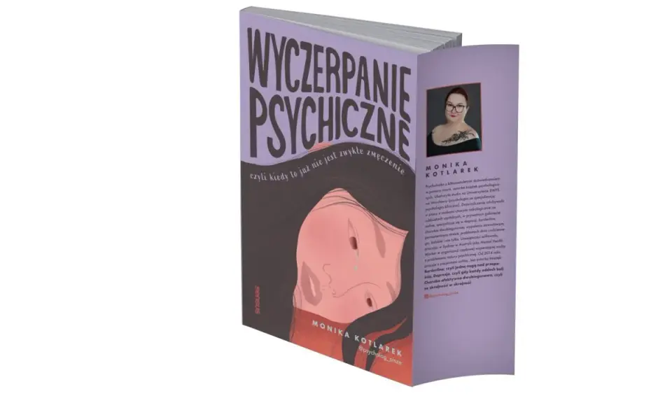 Książka "Wyczerpanie psychiczne" Moniki Kotlarek. Okładka z ilustracją smutnej twarzy, symbolizująca zmęczenie psychiczne.