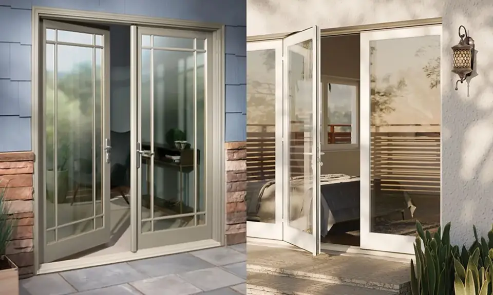Dos puertas de cristal, una puerta abatible o batiente gris con marcos de madera y otra puerta abatible o batiente blanca que da a un dormitorio.