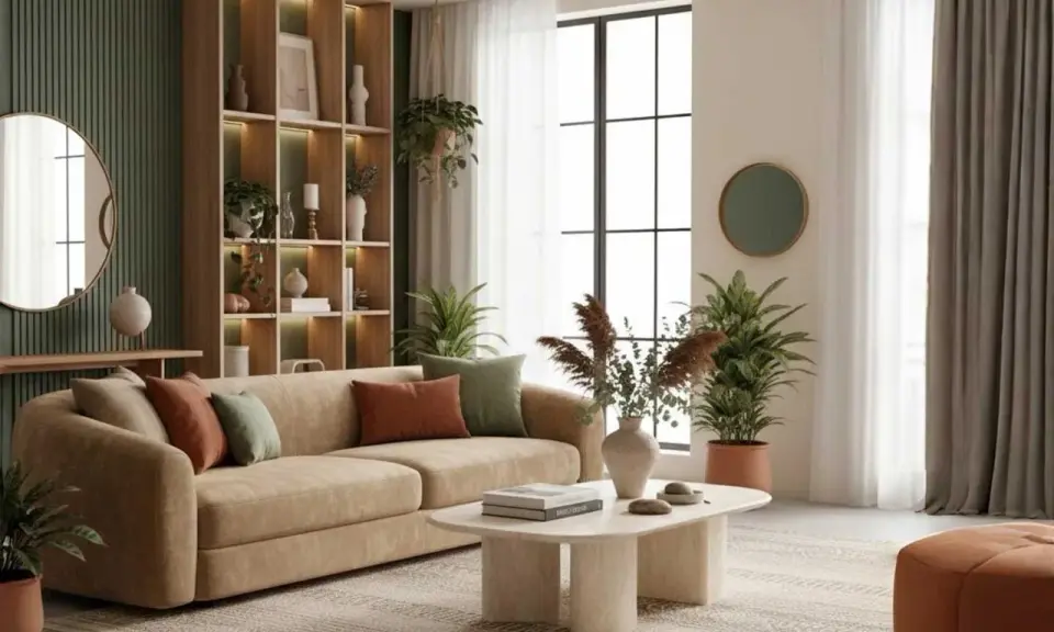 Acogedora decoracion salon con sofá beige, mesa de centro orgánica, estantería de madera iluminada y plantas.