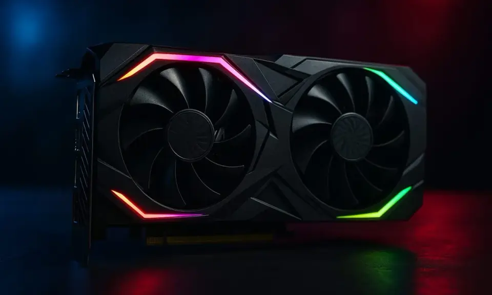 Carte graphique noire avec éclairage RGB, prête pour le ray tracing et des graphismes immersifs.