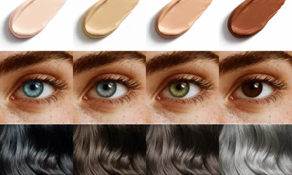 Vier Foundation-Tupfer, vier Augenfarben (blau, grau, grün, braun) und vier Haarfarben (schwarz, dunkelbraun, hellbraun, grau) – perfekt für jeden wintertyp haarfarbe.