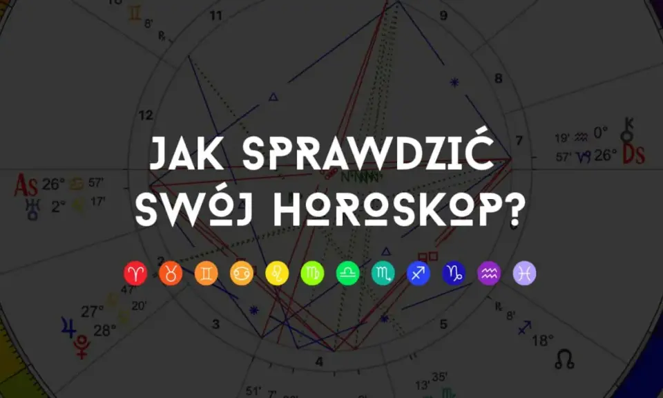 Astrologiczna mapa nieba z symbolami zodiaku i tekstem "Jak sprawdzić swój horoskop?". Domy w astrologii są kluczowe do interpretacji.