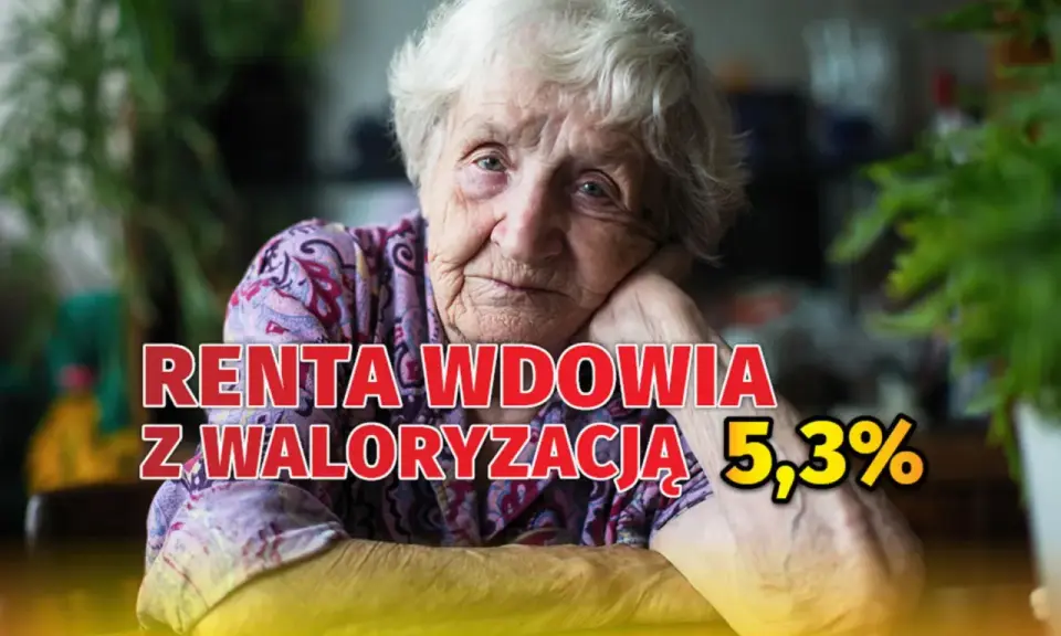 Starsza kobieta z zamyśloną miną. Napis: "RENTA WDOWIA Z WALORYZACJĄ 5,3%". Ile netto?