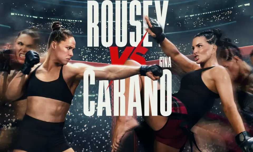 Ronda Rousey in azione, in un poster di un film di combattimento. La sua avversaria è Gina Carano.
