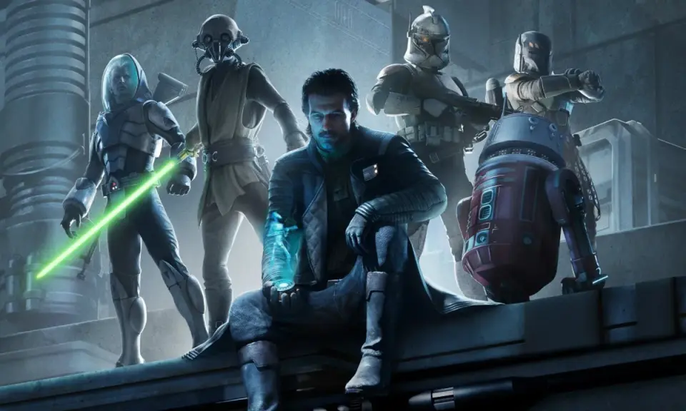 Postacie z nowej gry Star Wars: Jedi z zielonym mieczem świetlnym, droid, klony i tajemniczy mężczyzna z hologramem.