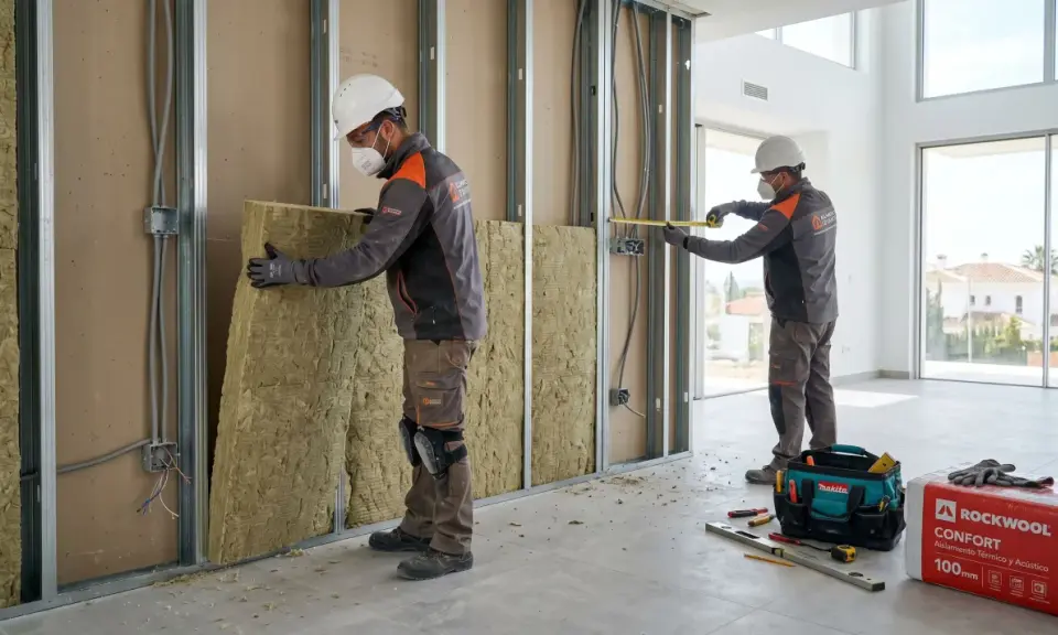 Dos obreros instalan aislamiento en una pared. El material, que parece lana de roca, se coloca entre perfiles metálicos. Se ve una caja de Rockwool y herramientas. Las subvenciones se devuelven con trabajo de calidad.