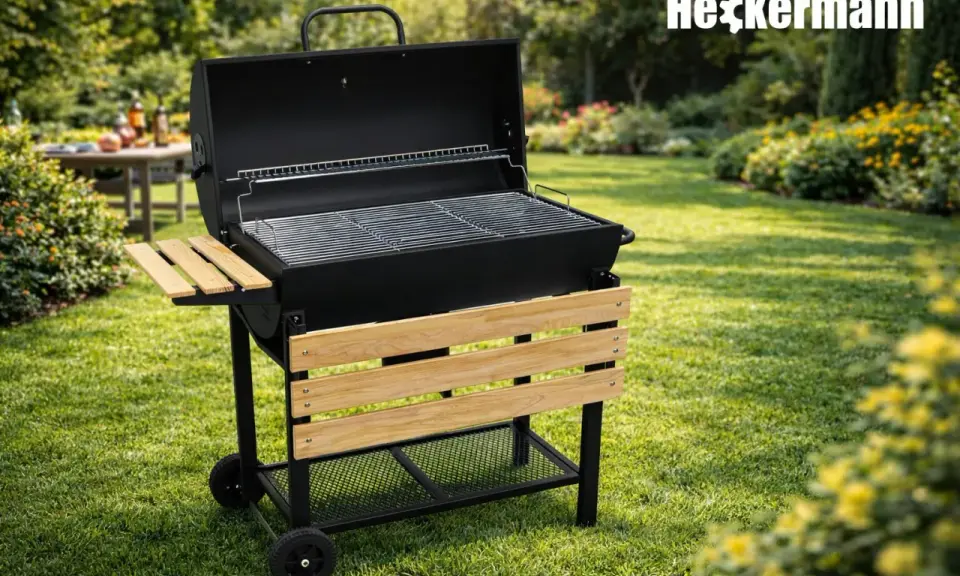 Nowy grill Heckermann czeka na rozpalenie. Wystarczy kilka prostych kroków, by cieszyć się smakiem potraw z rusztu w ogrodzie.