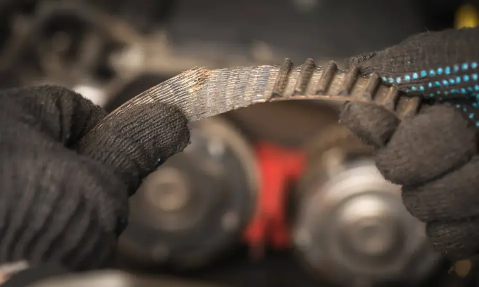 Zużyty pasek klinowy w rękach mechanika, przygotowanie do wymiany.