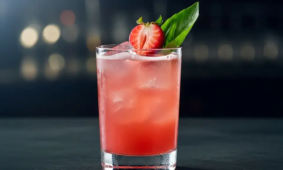 En uppfriskande strawberry basil smash med is, garnerad med en jordgubbsklyfta och basilika.