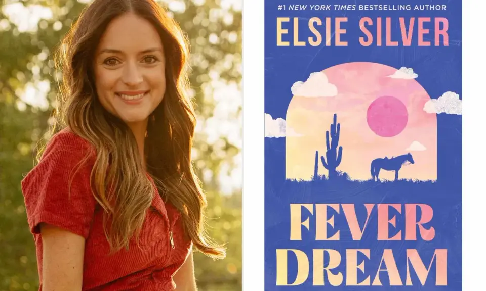 Elsie Silver, autrice bestseller, sorride con i capelli mossi. Accanto, la copertina del suo libro "Fever Dream" con un paesaggio desertico.