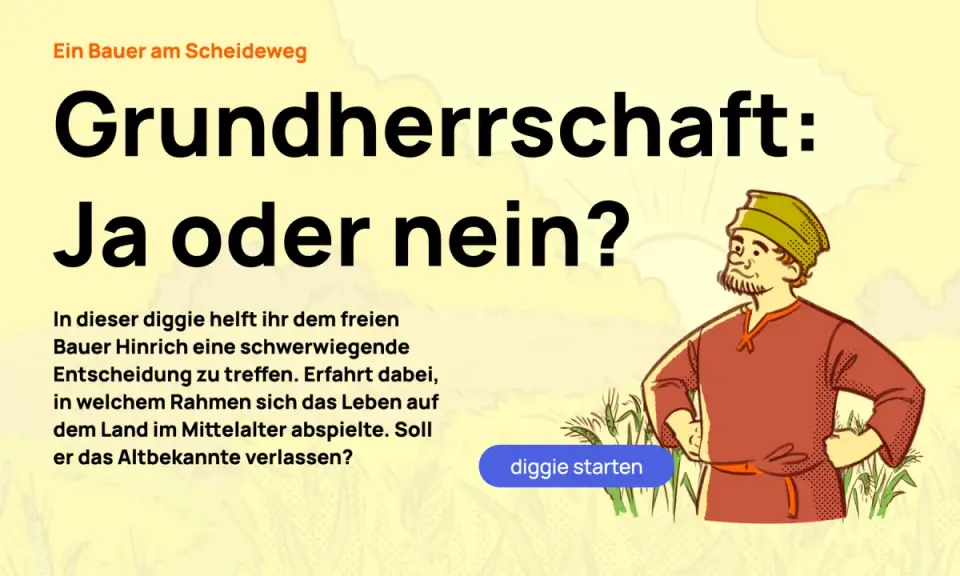 Ein Bauer am Scheideweg muss entscheiden: Grundherrschaft – ja oder nein? Erfahre, wie das Leben auf dem Land im Mittelalter war.