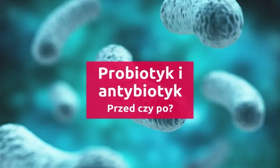 Bakterie w tle, na różowym tle napis "Probiotyk i antybiotyk. Przed czy po?".