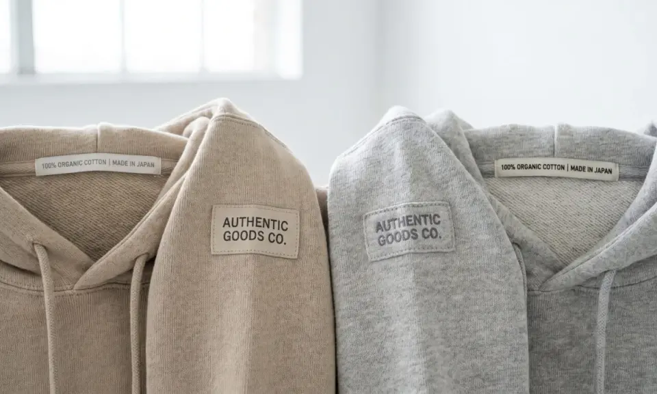 Dwa bluzy z kapturem, beżowa i szara, z naszywką "AUTHENTIC GOODS CO." i metką "100% ORGANIC COTTON | MADE IN JAPAN". Oryginalna metka Champion.