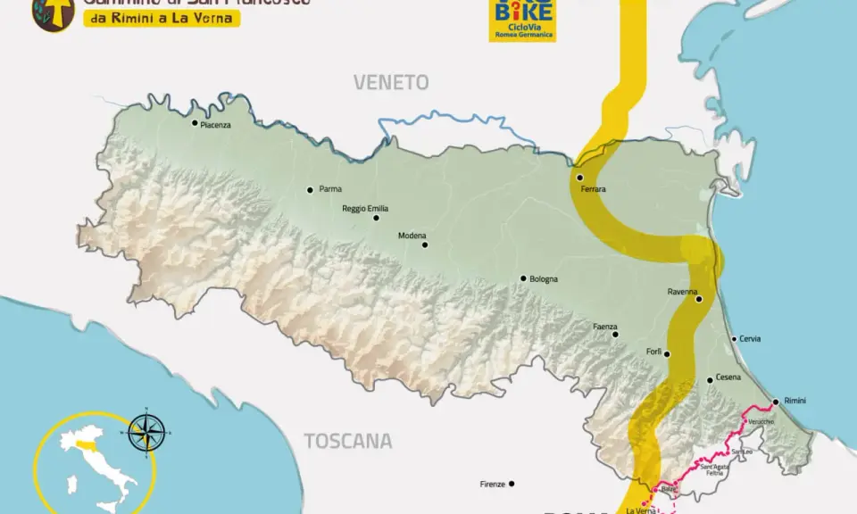 Mappa del cammino di San Francesco da Rimini a La Verna, con percorso ciclabile evidenziato.