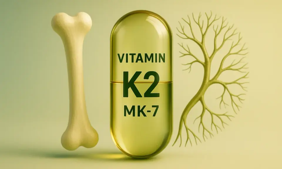 Żółta kapsułka z napisem "VITAMIN K2 MK-7" między kością a drzewem.