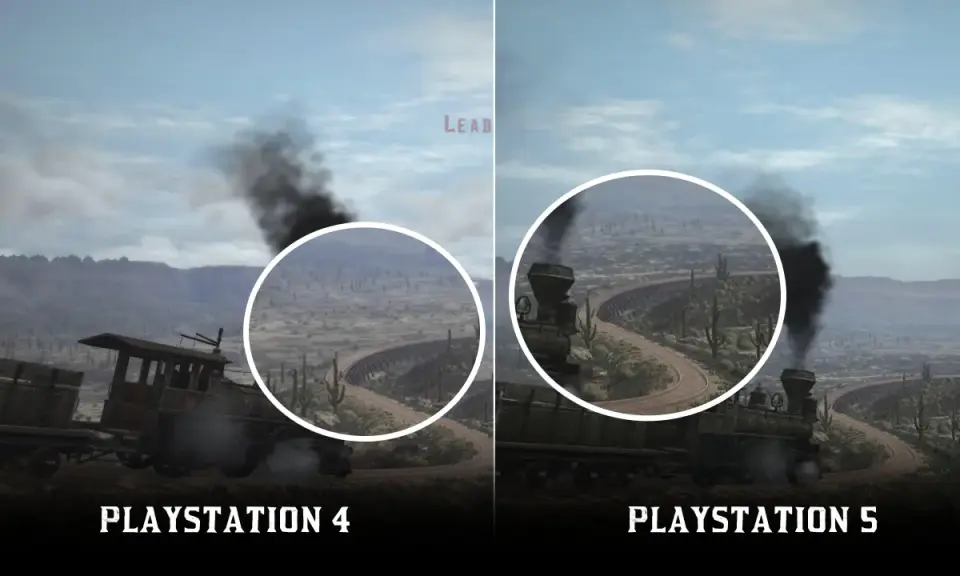 Porównanie grafiki Red Dead Redemption 2 na PS4 i PS5. Pociąg parowy na tle pustynnego krajobrazu z mostem.