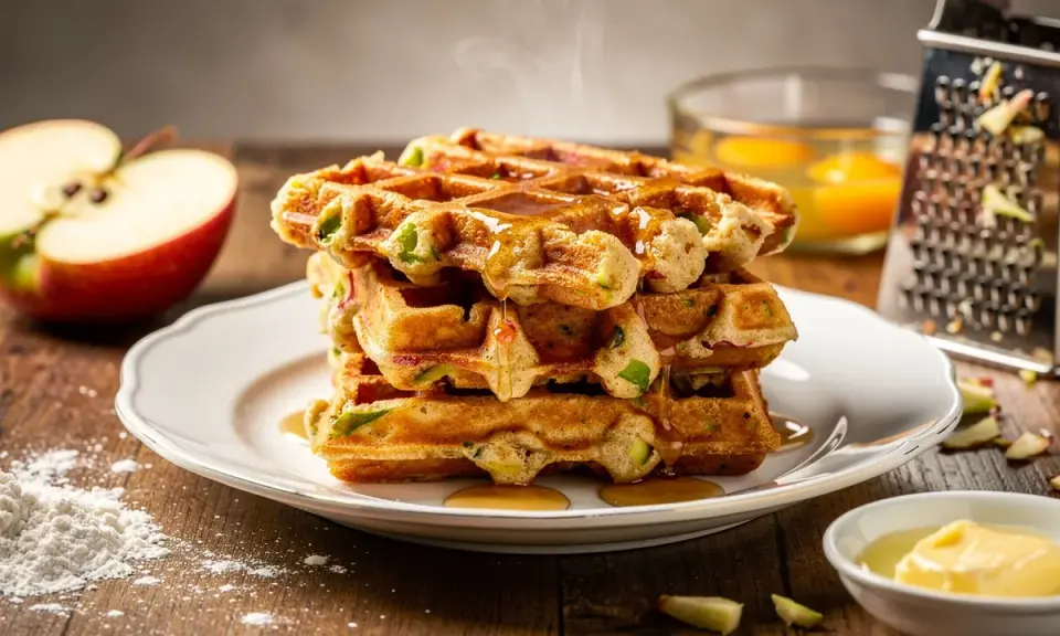 Pile de gaufres dorées, nappées de sirop, avec des morceaux de pomme et des ingrédients pour une recette gaufre parfaite.